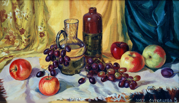 GRAPES AND APPLES. 1997, oil on canvas, 37x64 cm