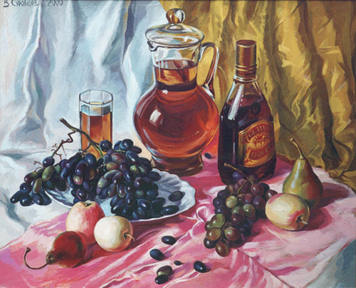 Вино и яблоки. 2000, двп, масло